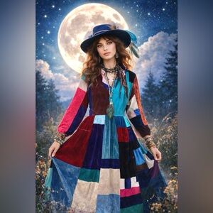Artisan Velvet patchwork boho maxi dress w enchanting Gypsy vibe